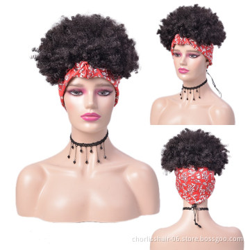 Wholesale Cheap Ombre Turban Wig Afro Short Headband Wigs Kinky Curly Synthetic Wig With Headband Attached For Black Women